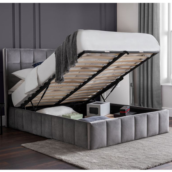 Gutersloh Velvet Double Bed With Storage In Light Grey