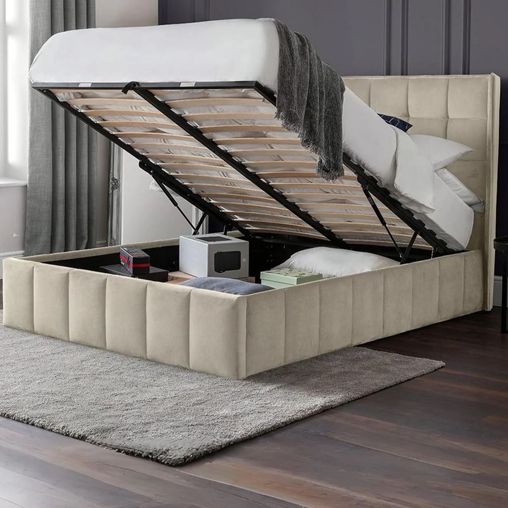 Gutersloh Velvet Ottoman Storage Double Bed - Cream