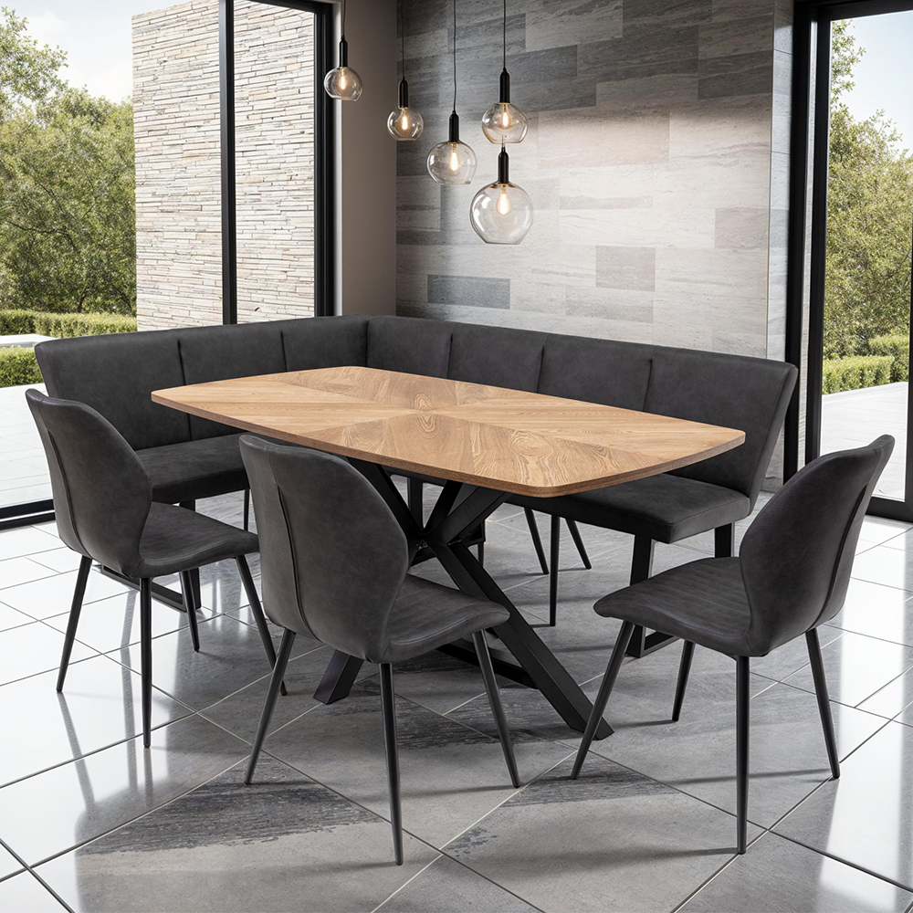 Hadley Oak Veneer Dining Table with 3 Shell Chairs and Fralin Bench in Charcoal