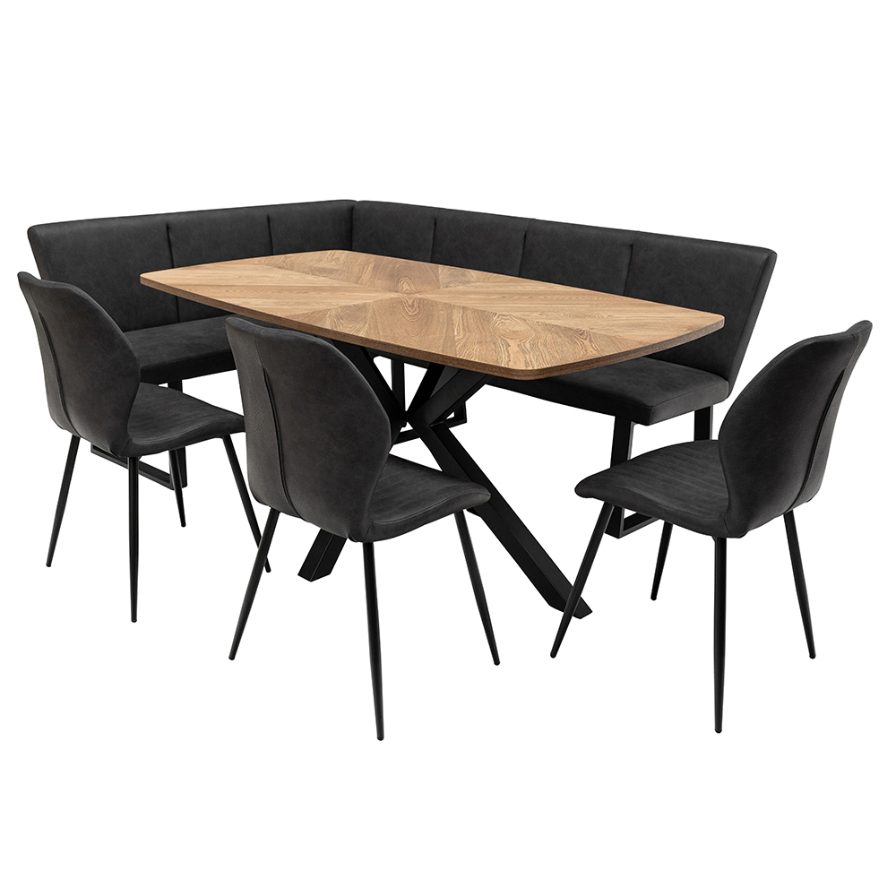 Hadley Oak Veneer Dining Table with 3 Shell Chairs and Fralin Bench in Charcoal