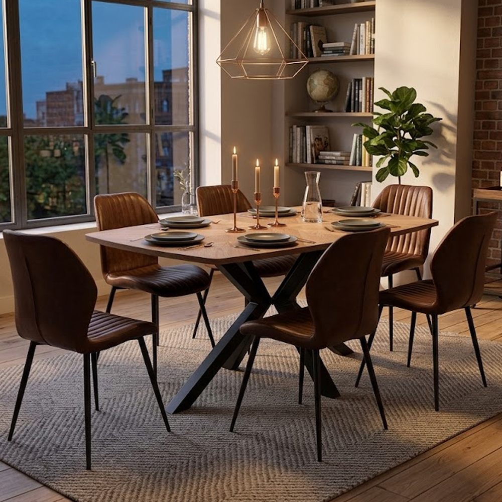 Hadley Oak Veneer Dining Table with 6 Foni Tan Chairs