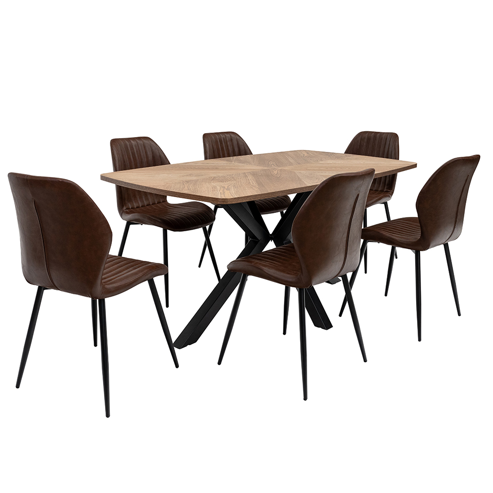 Hadley Oak Veneer Dining Table with 6 Foni Tan Chairs