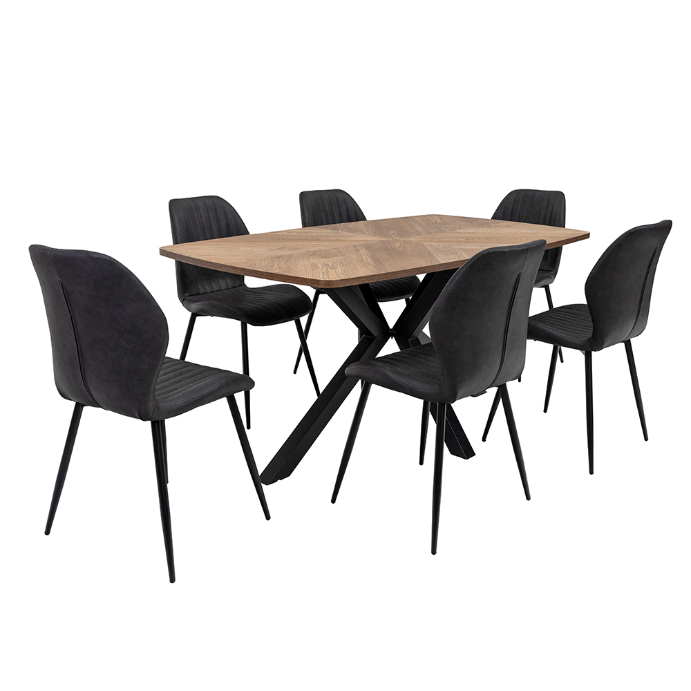 Hadley Oak Veneer Dining Table with 6 Shell Charcoal Chairs
