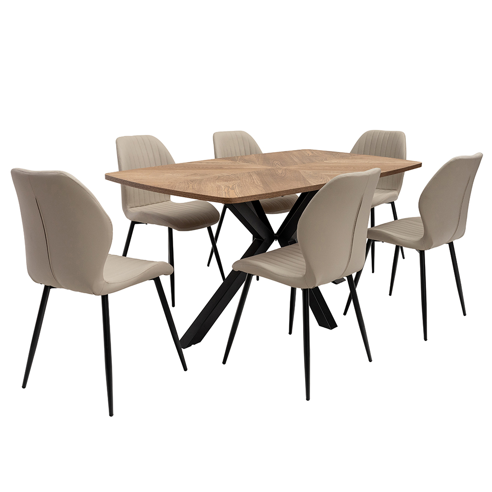Hadley Oak Veneer Dining Table with 6 Sirel Stone Chairs