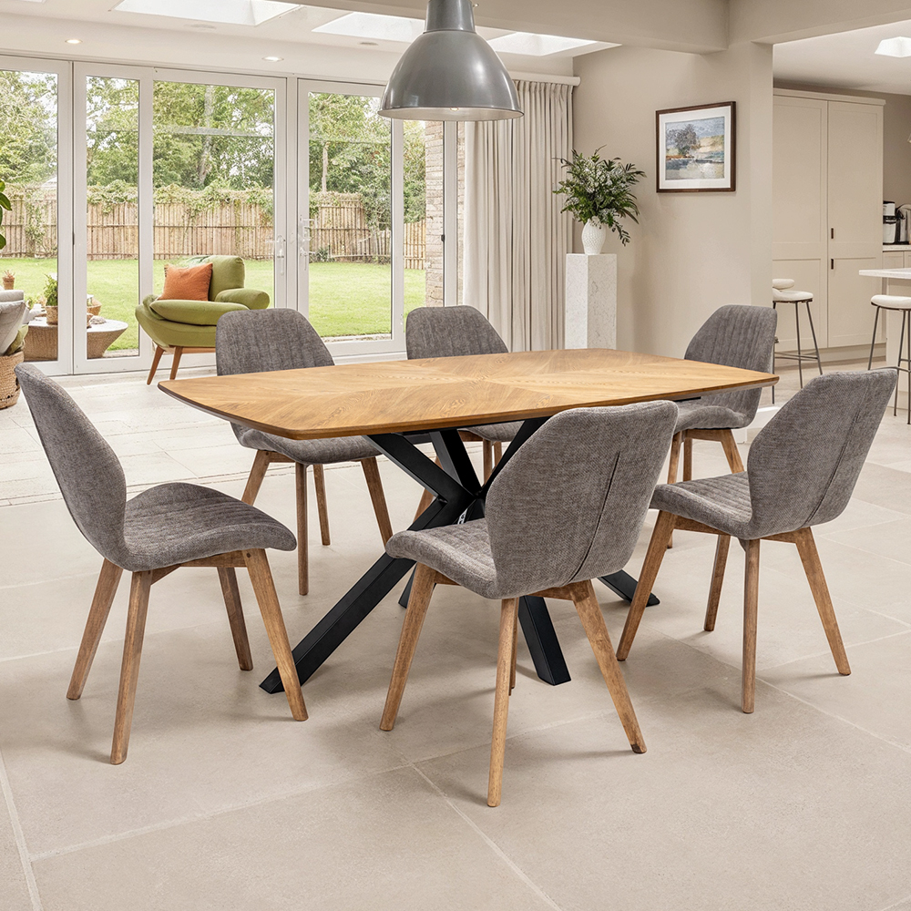 Hadley Oak Veneer Dining Table with 6 Yale Grey Chairs