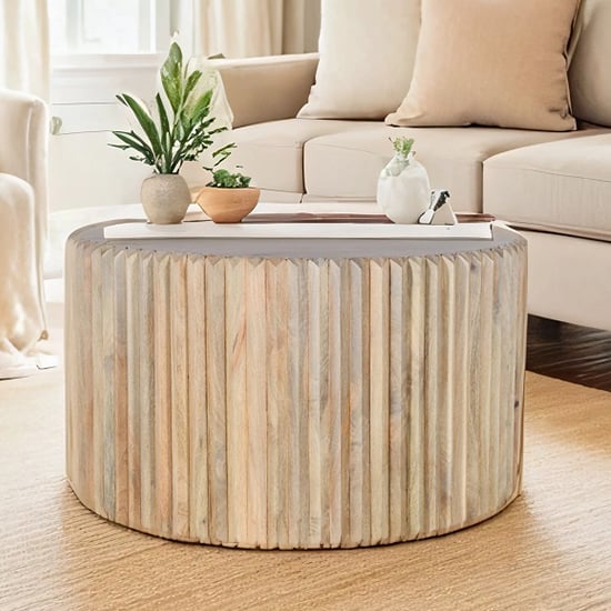 Product photograph of Hailey Carved Mango Wood Coffee Table Round In Natural Oak from Furniture in Fashion