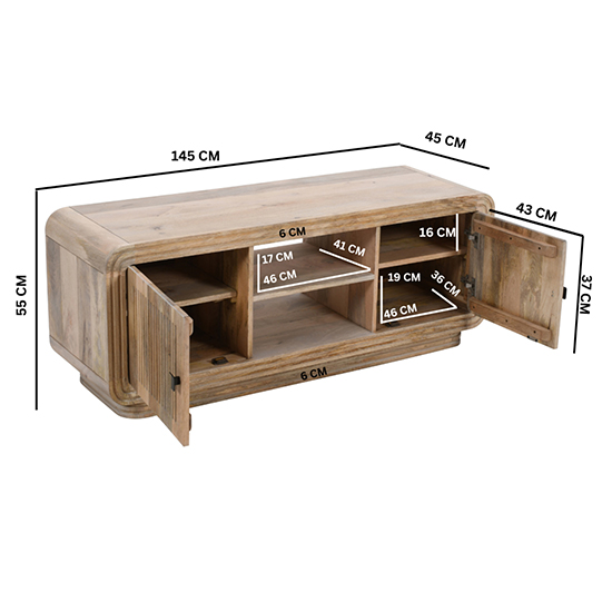 Hailey Carved Mango Wood TV Stand With 2 Doors In Natural Oak