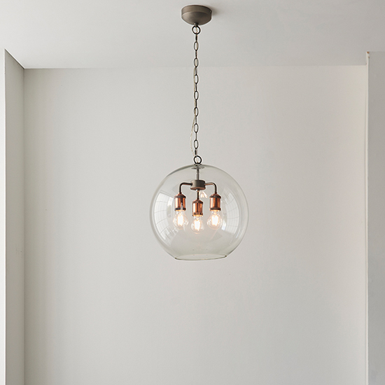 Hal 3 Lights Glass Pendant Light In Aged Pewter And Copper
