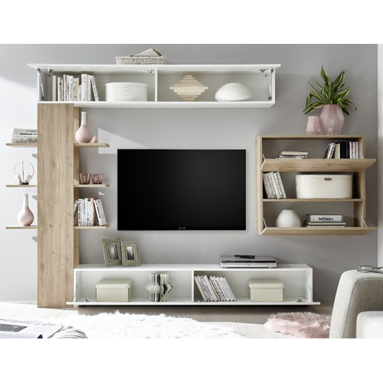 Halcyon Wall Entertainment Unit In White Gloss And Cadiz Oak_2