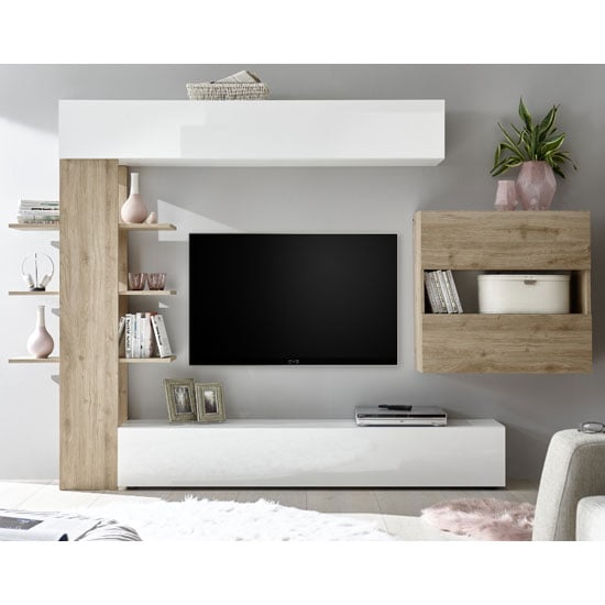 Halcyon Wall Entertainment Unit In White Gloss And Cadiz Oak_1