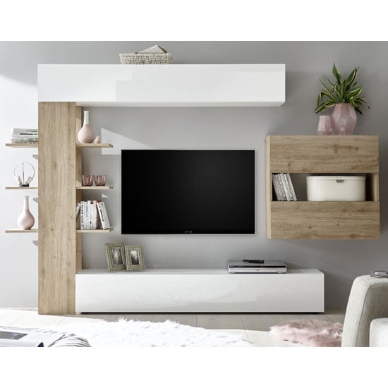 Photo of Halcyon wall entertainment unit in white gloss and cadiz oak