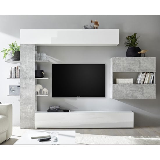 Halcyon Wall Entertainment Unit In White Gloss And Cement Effect