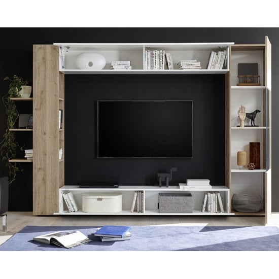 Halcyon White Gloss Large Entertainment Unit In Cadiz Oak_2