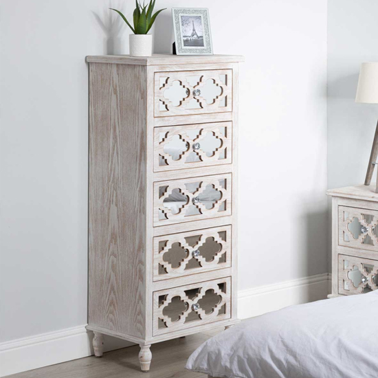 Photo of Halifax mirrored chest of 5 drawers tall in natural