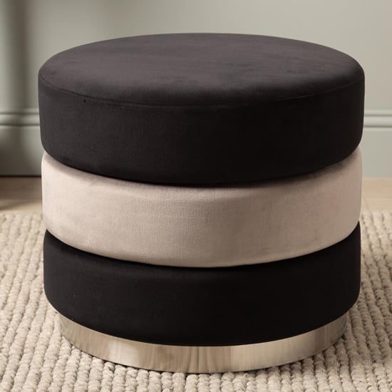 Product photograph of Halle Fabric Round Ottoman In Black And Grey With Chrome Base from Furniture in Fashion