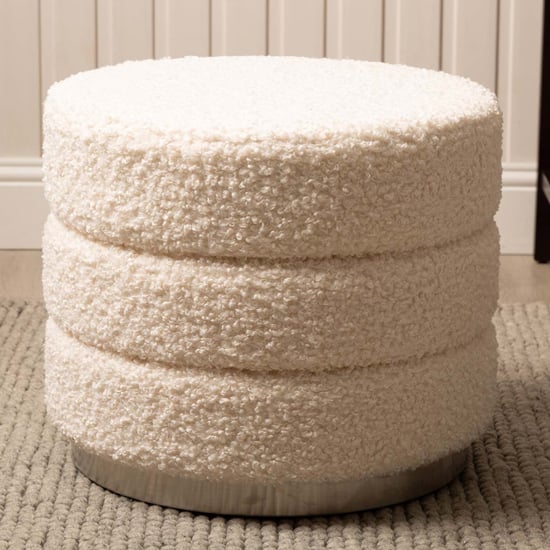 Product photograph of Halle Fabric Round Ottoman In White With Chrome Base from Furniture in Fashion
