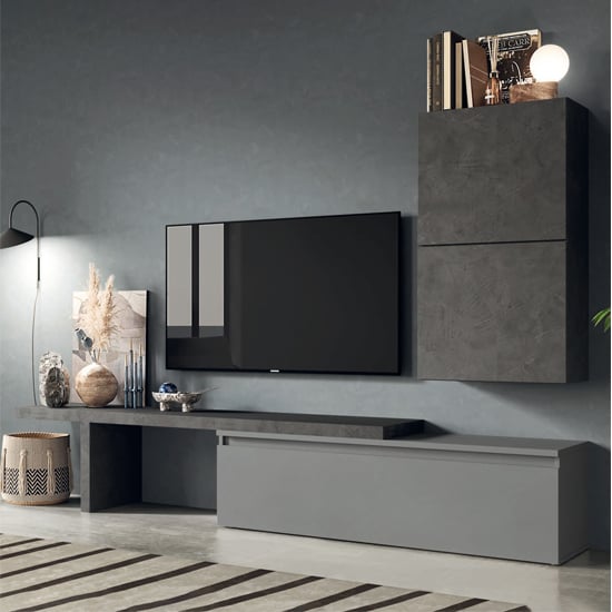 Halle Wooden Entertainment Unit In Slate Effect And Lead Grey
