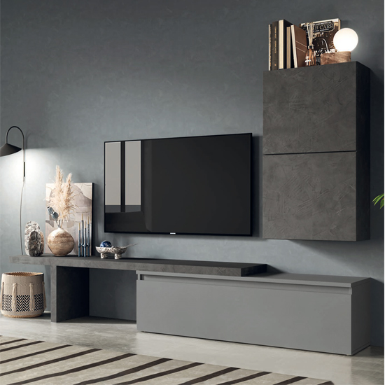 Read more about Halle wooden entertainment unit in slate effect and lead grey