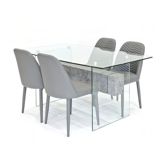 Read more about Halley glass dining table rectangular in clear and 4 grey chairs