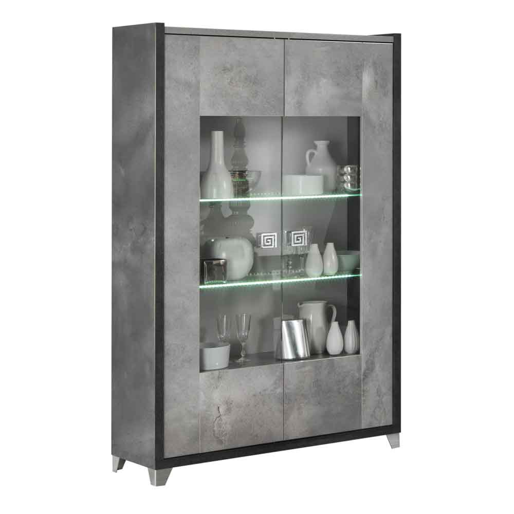 Heston High Gloss Marble Effect Display Cabinet with 2 Doors in Grey and LED
