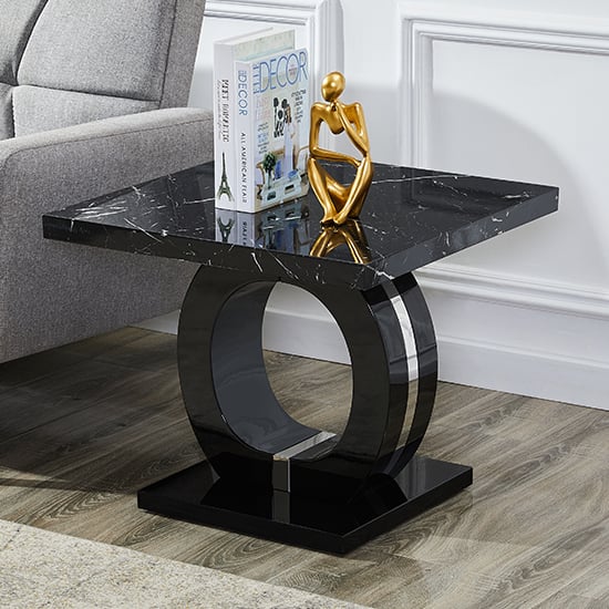 Photo of Halo high gloss lamp table in black and milano marble effect