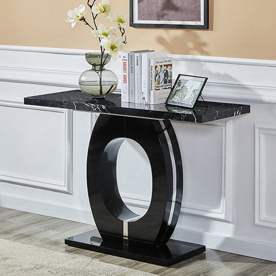 Photo of Halo high gloss console table in black and milano marble effect