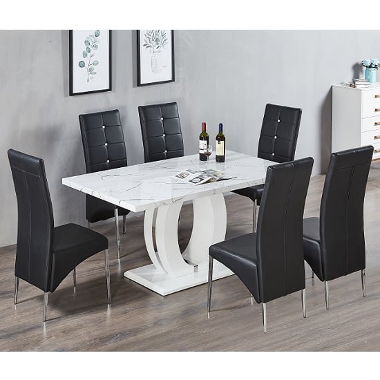 Product photograph of Halo Vida Marble Effect Dining Table With 6 Vesta Grey Chairs from Furniture in Fashion