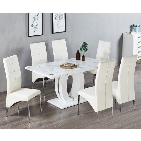 Product photograph of Halo Vida Marble Effect Dining Table With 6 Vesta White Chairs from Furniture in Fashion