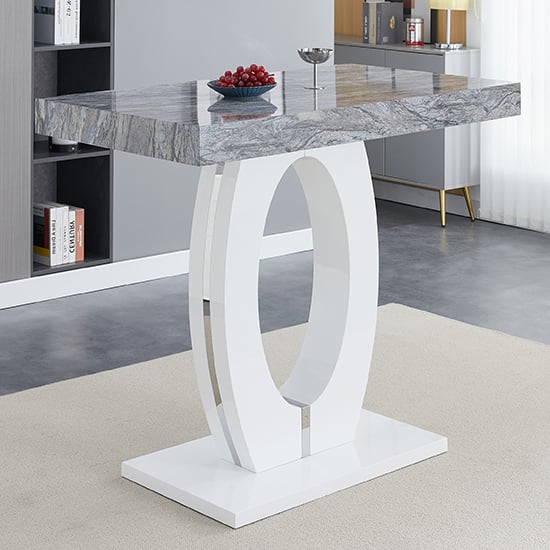 Read more about Halo high gloss bar table in white and melange marble effect