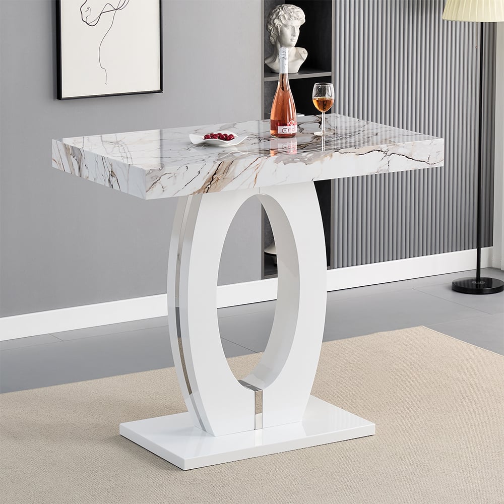 Read more about Halo high gloss bar table in white and milo marble effect