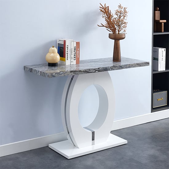 Read more about Halo high gloss console table in white and melange marble effect