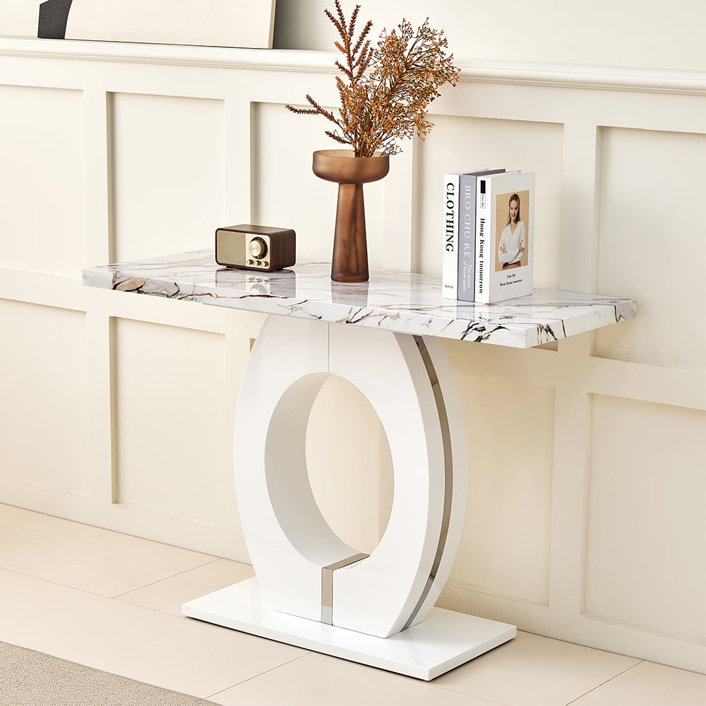 Read more about Halo high gloss console table in white and milo marble effect