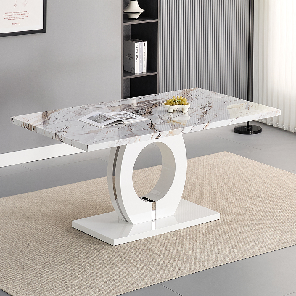 Halo High Gloss Dining Table In White And Milo Marble Effect