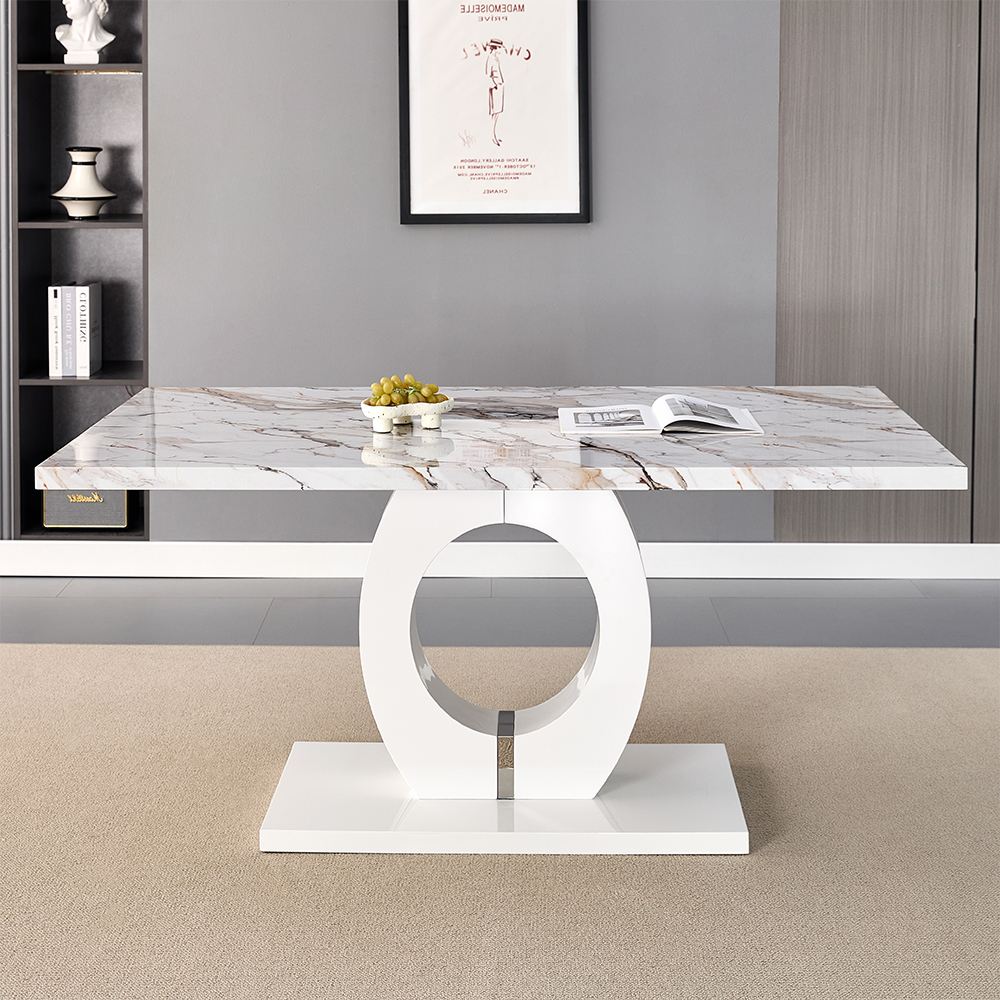 Halo High Gloss Dining Table In White And Milo Marble Effect