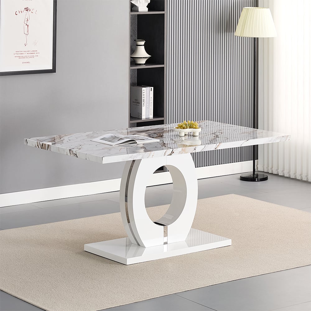 Read more about Halo high gloss dining table in white and milo marble effect