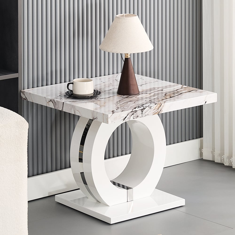 Read more about Halo high gloss lamp table in white and milo marble effect