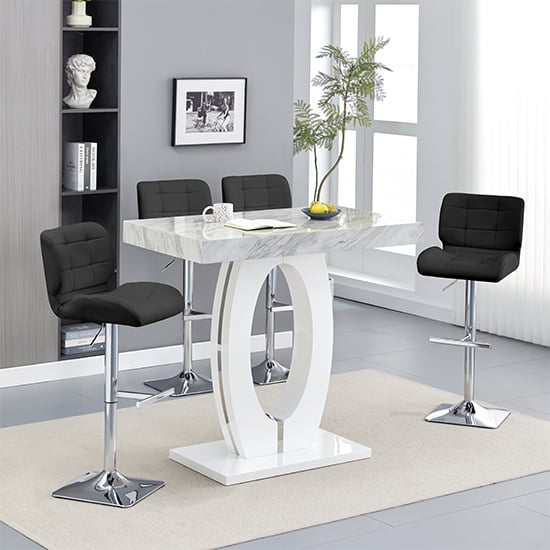 Read more about Halo magnesia marble effect bar table 4 candid black stools