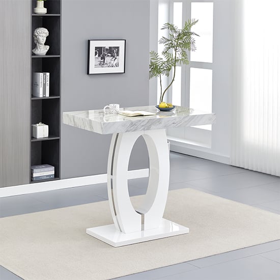 Halo Magnesia Marble Effect Bar Table 4 Candid White Stools