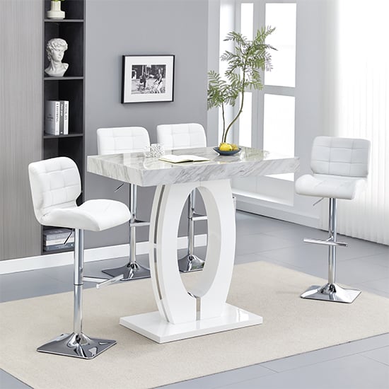 Halo Magnesia Marble Effect Bar Table 4 Candid White Stools