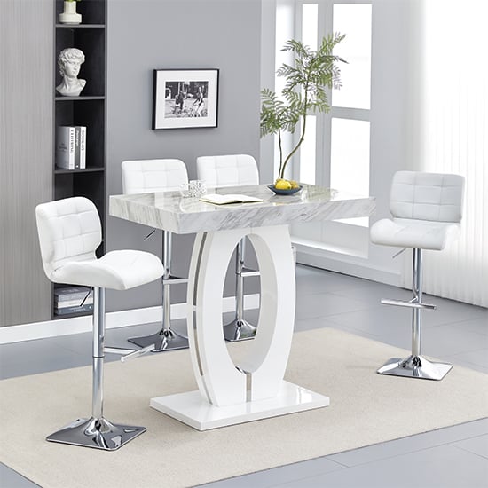 Read more about Halo magnesia marble effect bar table 4 candid white stools