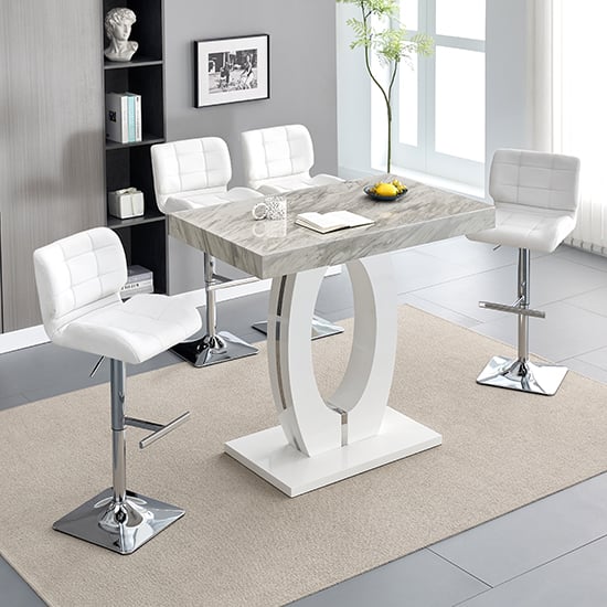 Halo Magnesia Marble Effect Bar Table 4 Candid White Stools