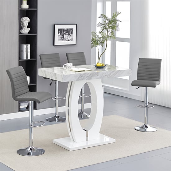 Halo Magnesia Marble Effect Bar Table 4 Ripple Grey Stools