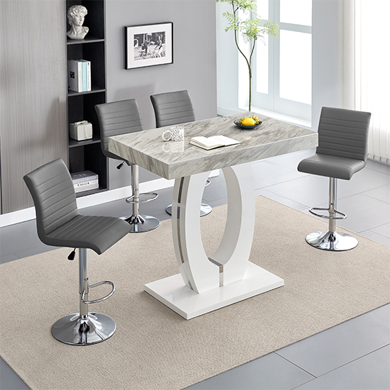 Halo Magnesia Marble Effect Bar Table 4 Ripple Grey Stools