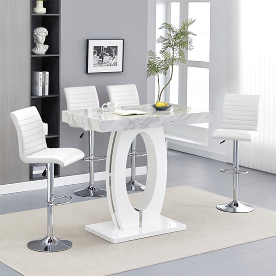 Halo Magnesia Marble Effect Bar Table 4 Ripple White Stools