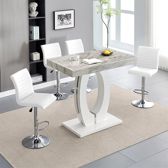 Halo Magnesia Marble Effect Bar Table 4 Ripple White Stools