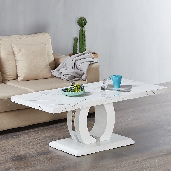 Halo Coffee Table In Shiny Marble Finish And High Gloss White