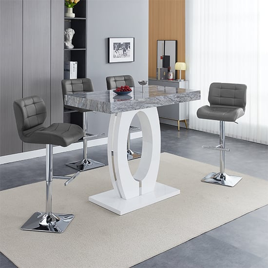 Halo Melange High Gloss Bar Table With 4 Candid Grey Stools