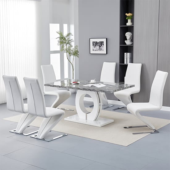 Halo Melange Marble Effect Dining Table 6 Demi Z White Chairs