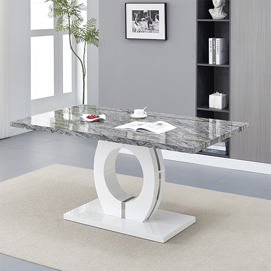 Halo Melange Marble Effect Dining Table 6 Petra Grey Chairs