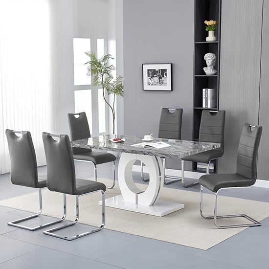 Halo Melange Marble Effect Dining Table 6 Petra Grey Chairs